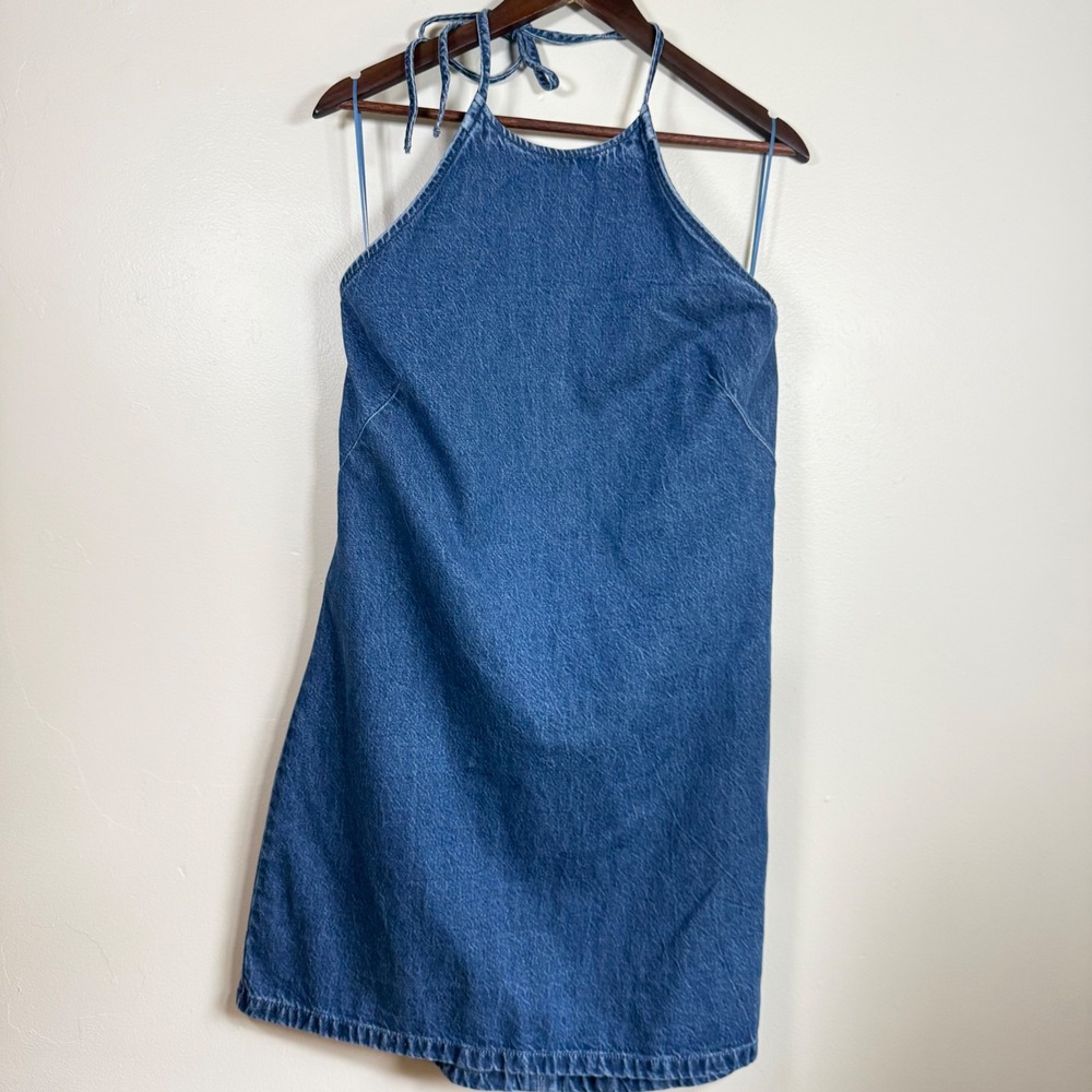 NWT Abercrombie & Fitch Halter Open Back Denim Mini Dress Size Large Tall Blue